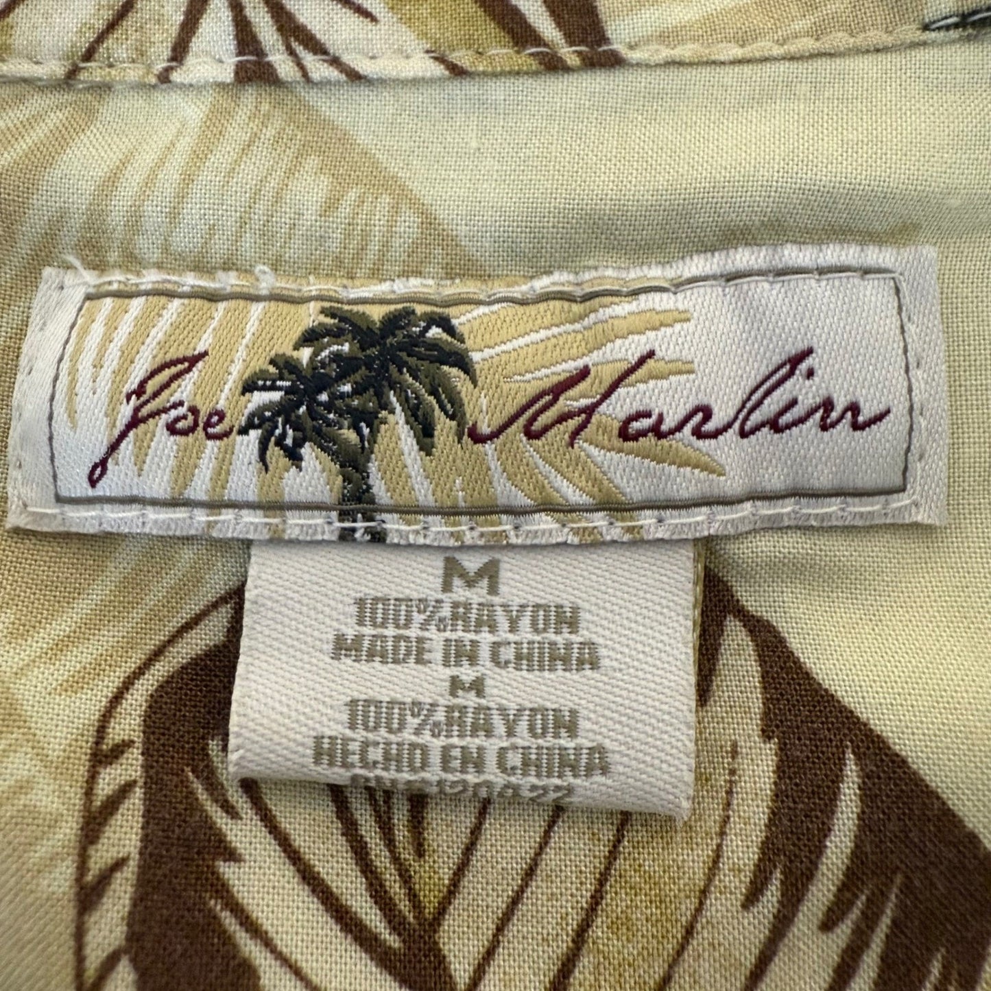 Joe Marlin Mens Medium Hawaiian Shirt Beige Rayon Tropical Leaf Print Button Up