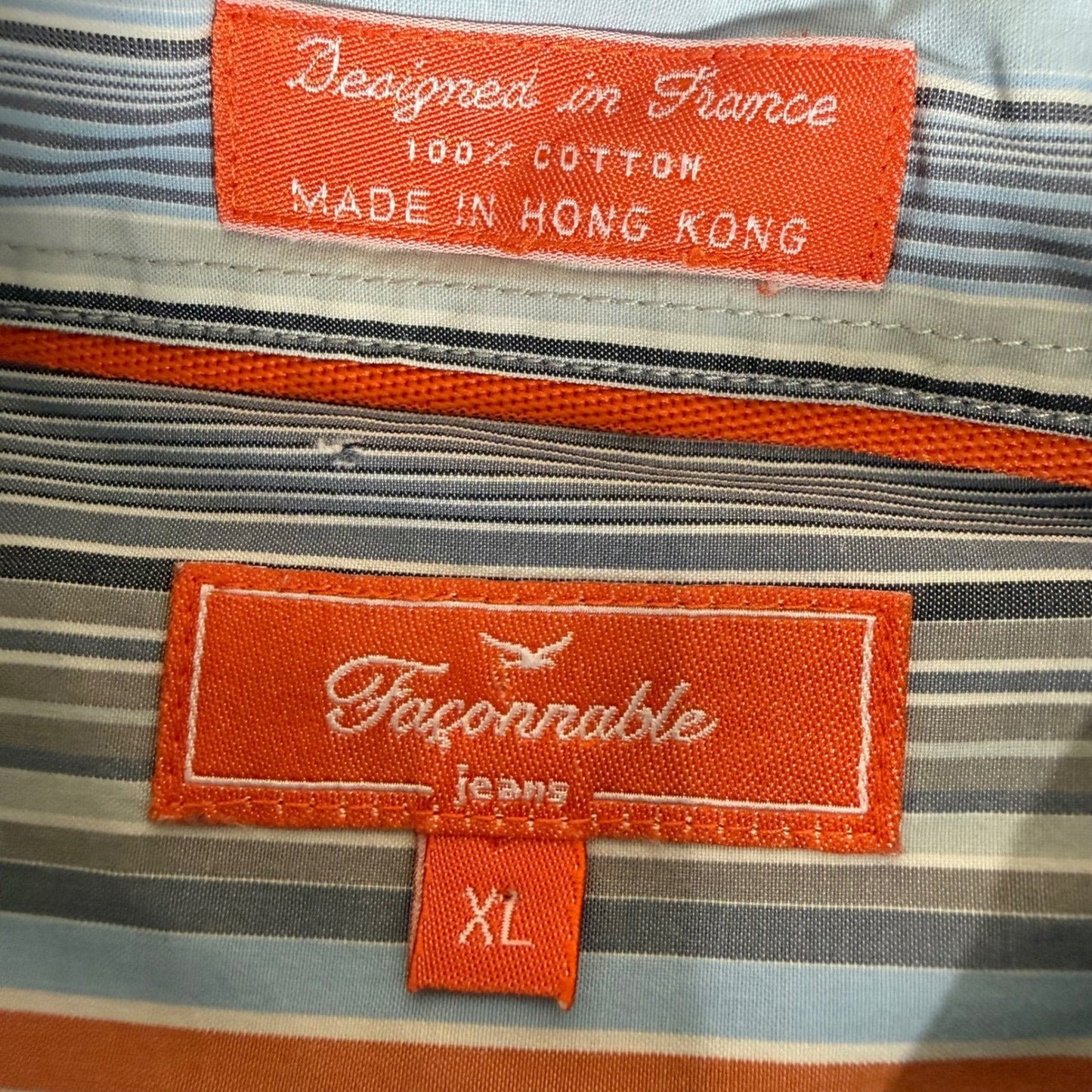 Faconnable Mens XL Button Down Shirt Blue Orange Striped Cotton Long Sleeve