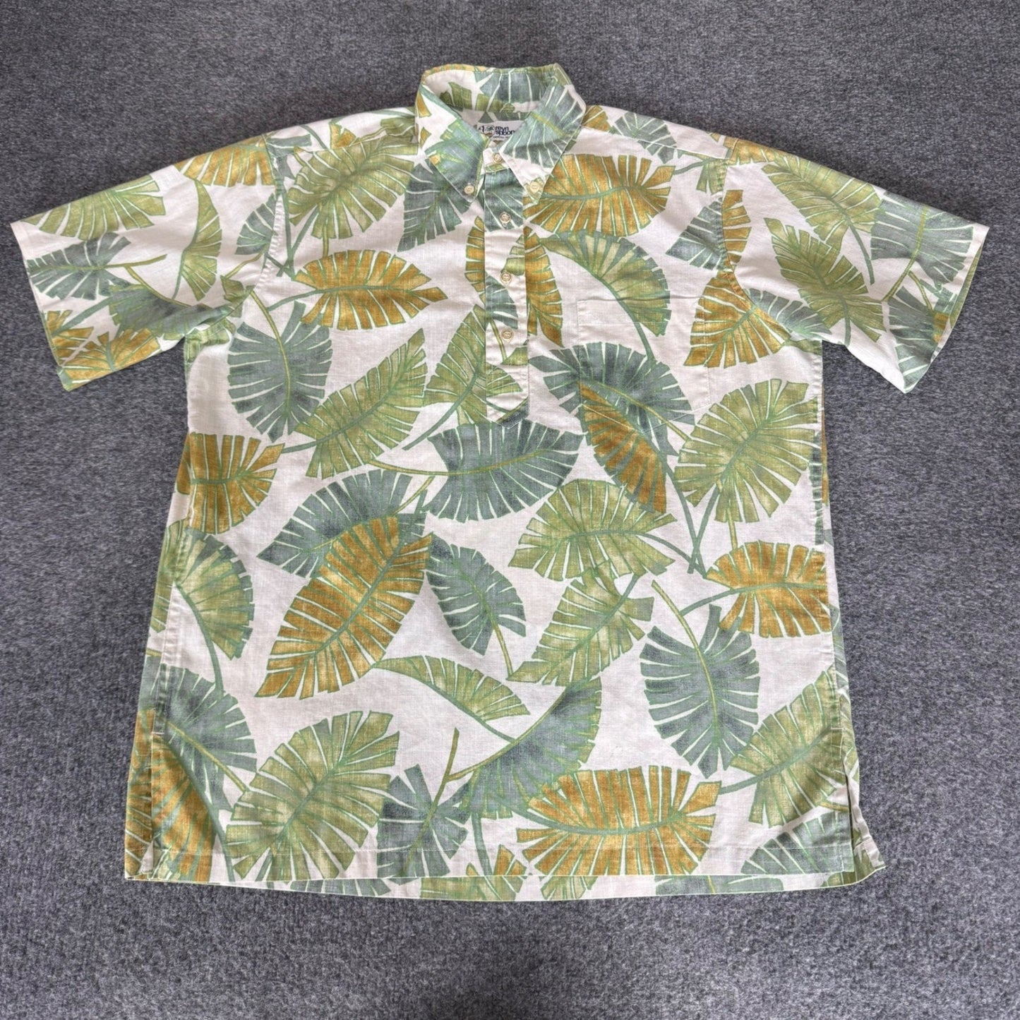 Reyn Spooner Mens Hawaiian Shirt Medium Green Gold Banana Leaf Popover Casual