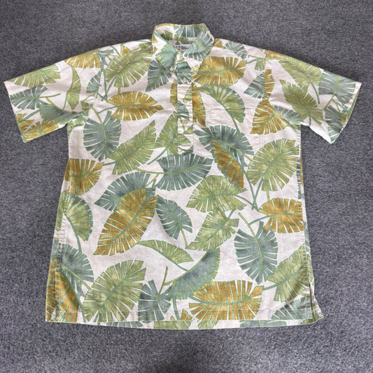 Reyn Spooner Mens Hawaiian Shirt Medium Green Gold Banana Leaf Popover Casual