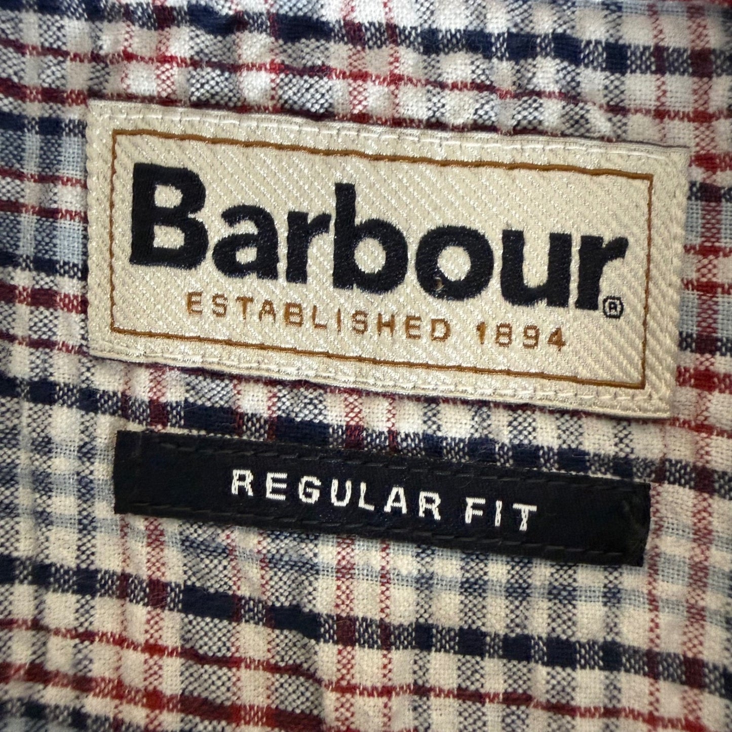 Barbour Seersucker Mens XXL Short Sleeve Button Up Shirt Plaid Cotton Blue Red