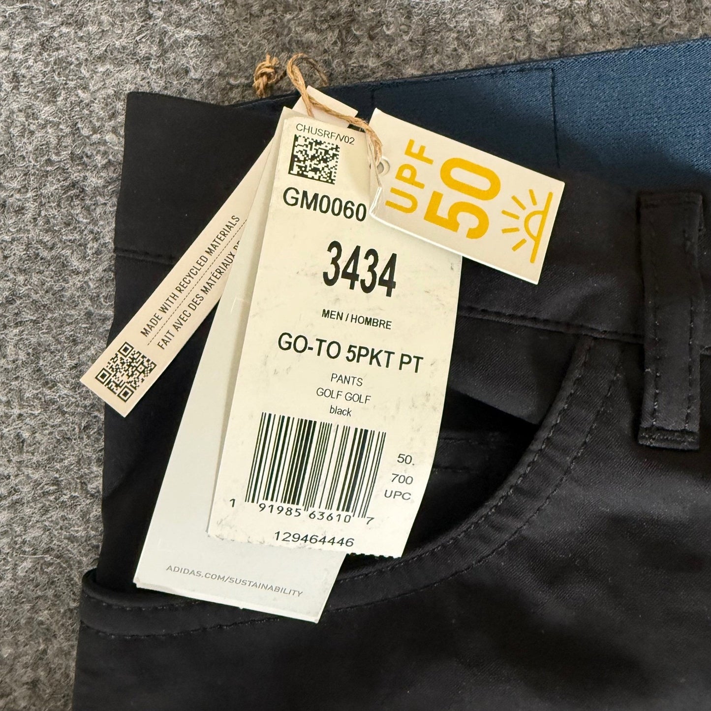 Adidas Golf Go-To 5 Pocket Pants Mens 34x33 Black Tapered Fit Stretch UPF 50+