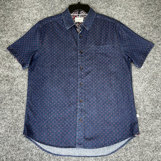 7 Diamonds Shirt Mens Medium Blue Short Sleeve Geometric Button Up Pocket Adult