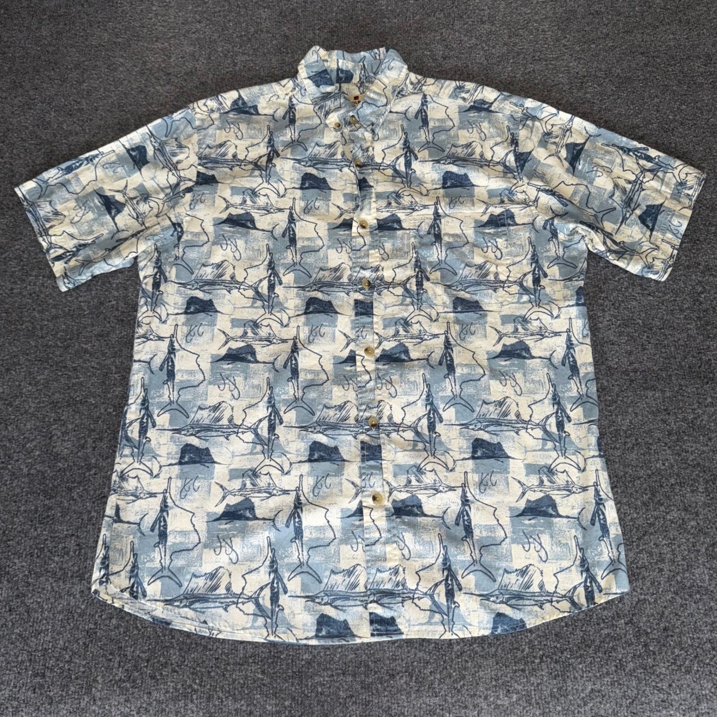 Woolrich Hawaiian Shirt Mens Large Blue Fish Print Aloha Button Up Short Sleeve