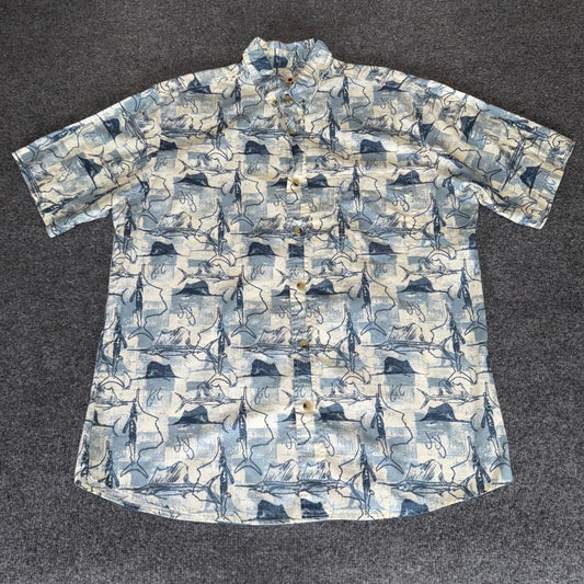 Woolrich Hawaiian Shirt Mens Large Blue Fish Print Aloha Button Up Short Sleeve