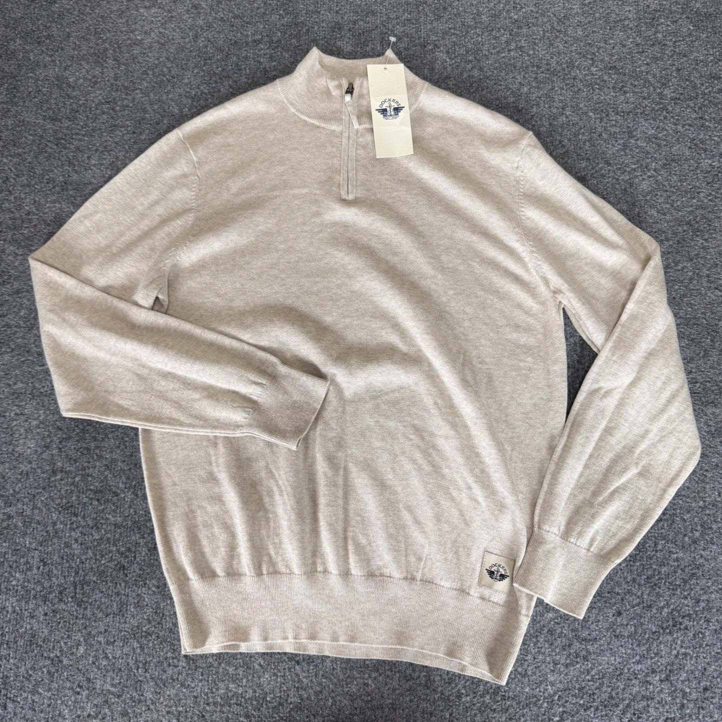 Dockers Mens Quarter Zip Sweater Small Beige Heather Mock Neck Cotton Blend NWT