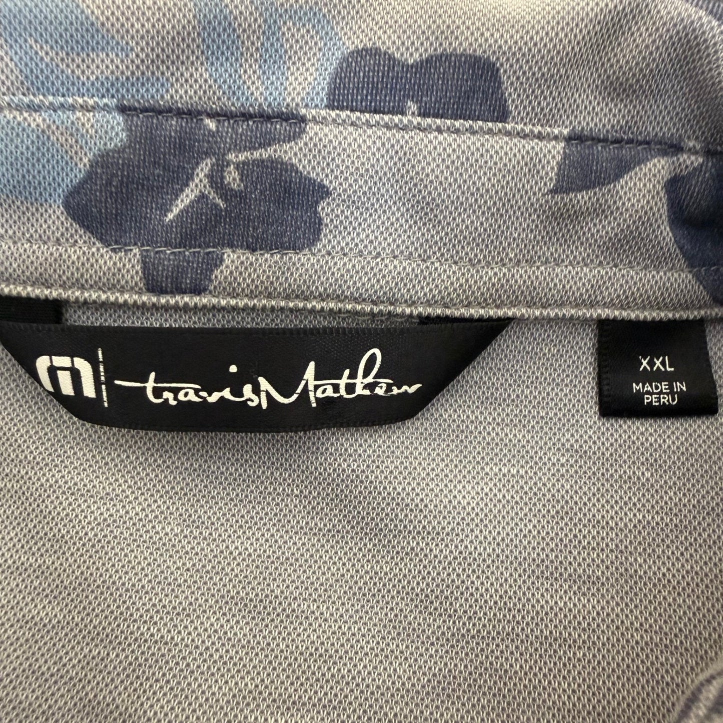 Travis Mathew Mens Polo Shirt XXL Blue Gray Floral Short Sleeve Golf Performance