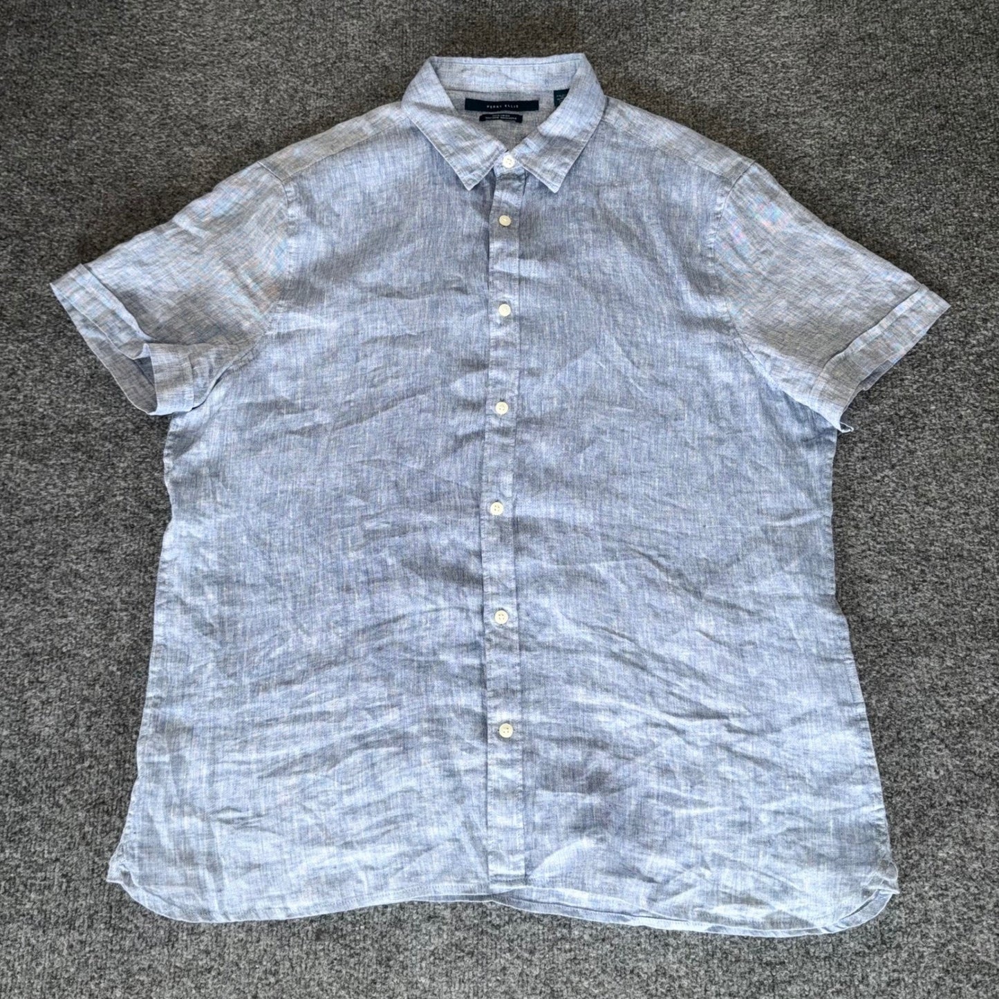 Perry Ellis Mens Shirt 100% Linen Short Sleeve Button Up Casual Blue XL Summer