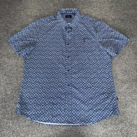 7Diamonds Mens XL Blue Geometric 4 Way Stretch Button Shirt Casual Short Sleeve