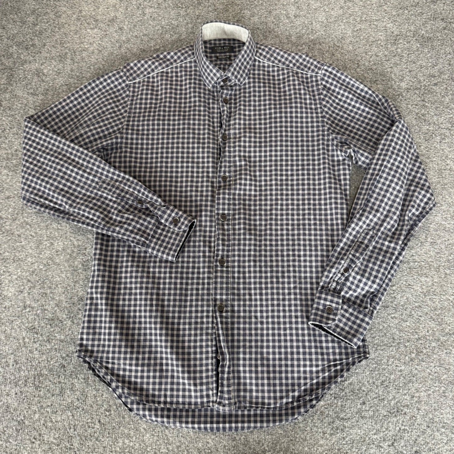 Zara Man Tailored Fit Gingham Button Up Shirt Blue Small Long Sleeve Cotton