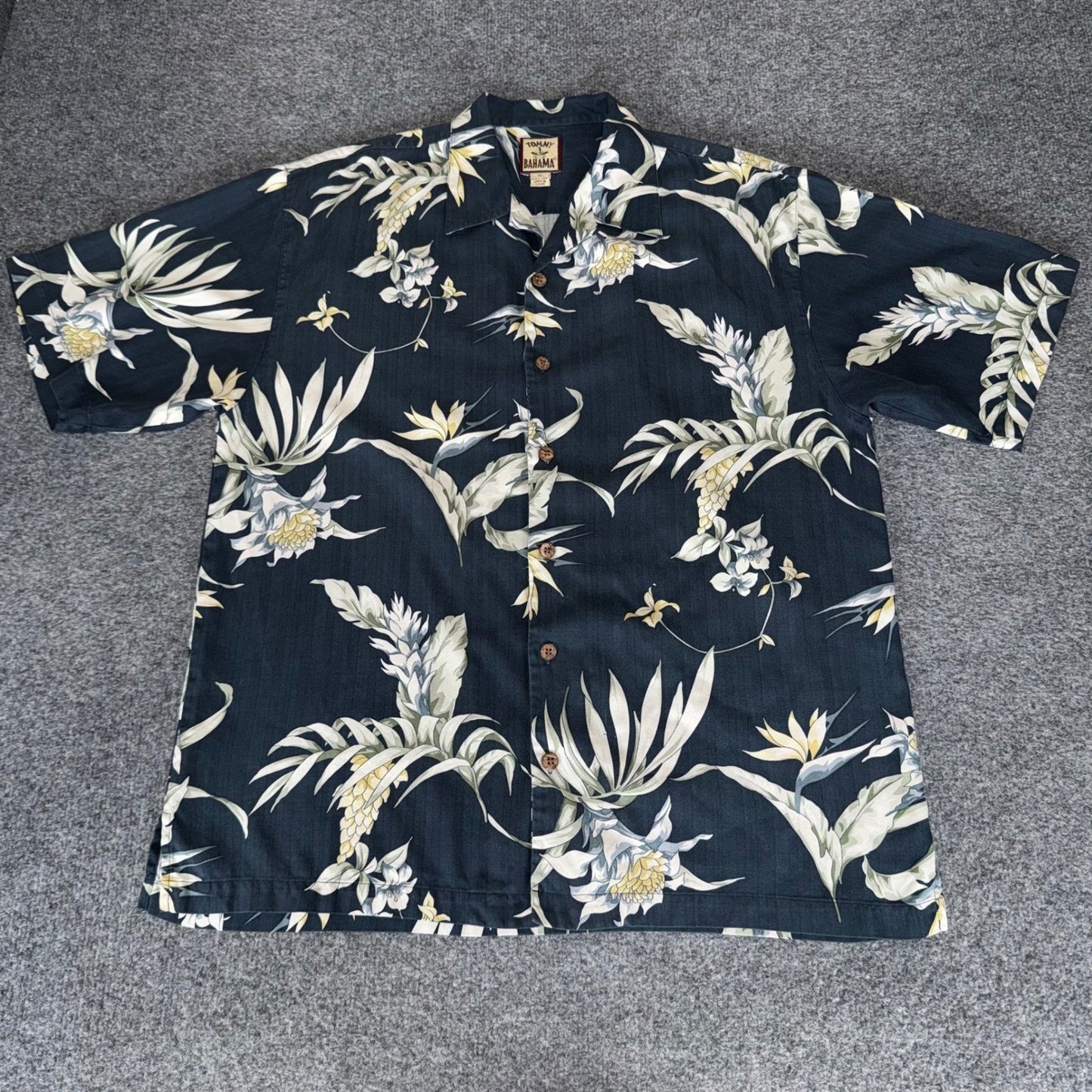 Tommy Bahama Mens Silk Floral Camp Shirt Navy Blue Tropical Short Sleeve M Aloha