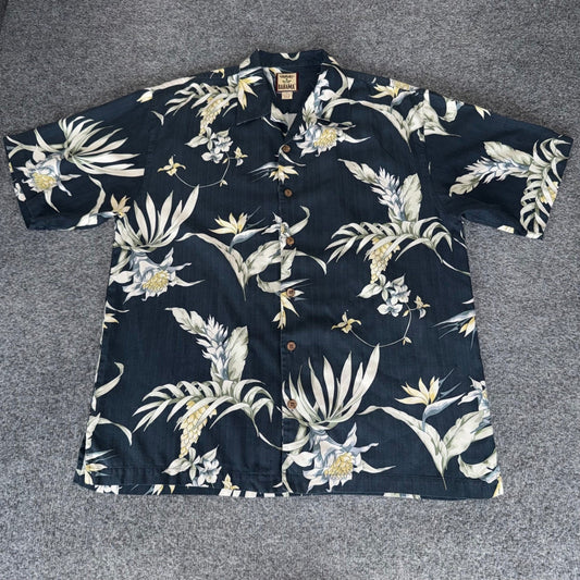 Tommy Bahama Mens Silk Floral Camp Shirt Navy Blue Tropical Short Sleeve M Aloha