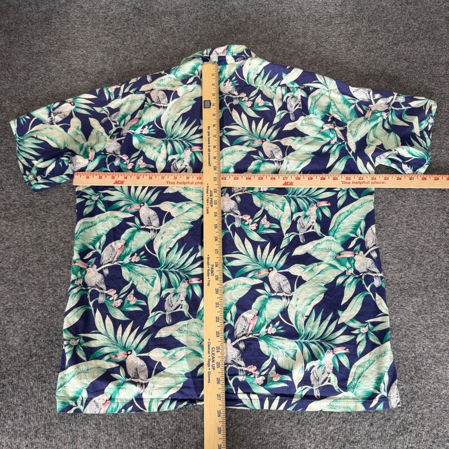 Hilo Hattie Mens Hawaiian Shirt Large Blue Green Tropical Bird Palm Cotton Aloha