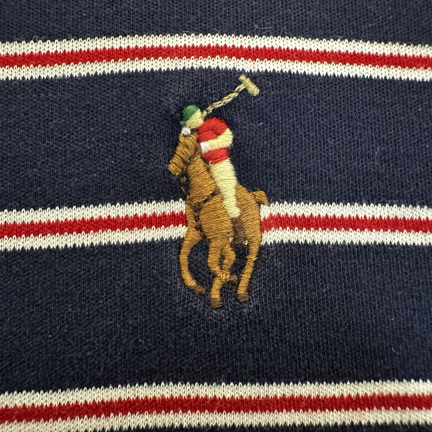 Ralph Lauren Polo Shirt Men's XL Navy Blue Red Striped Flesh Pony Short Sleeve