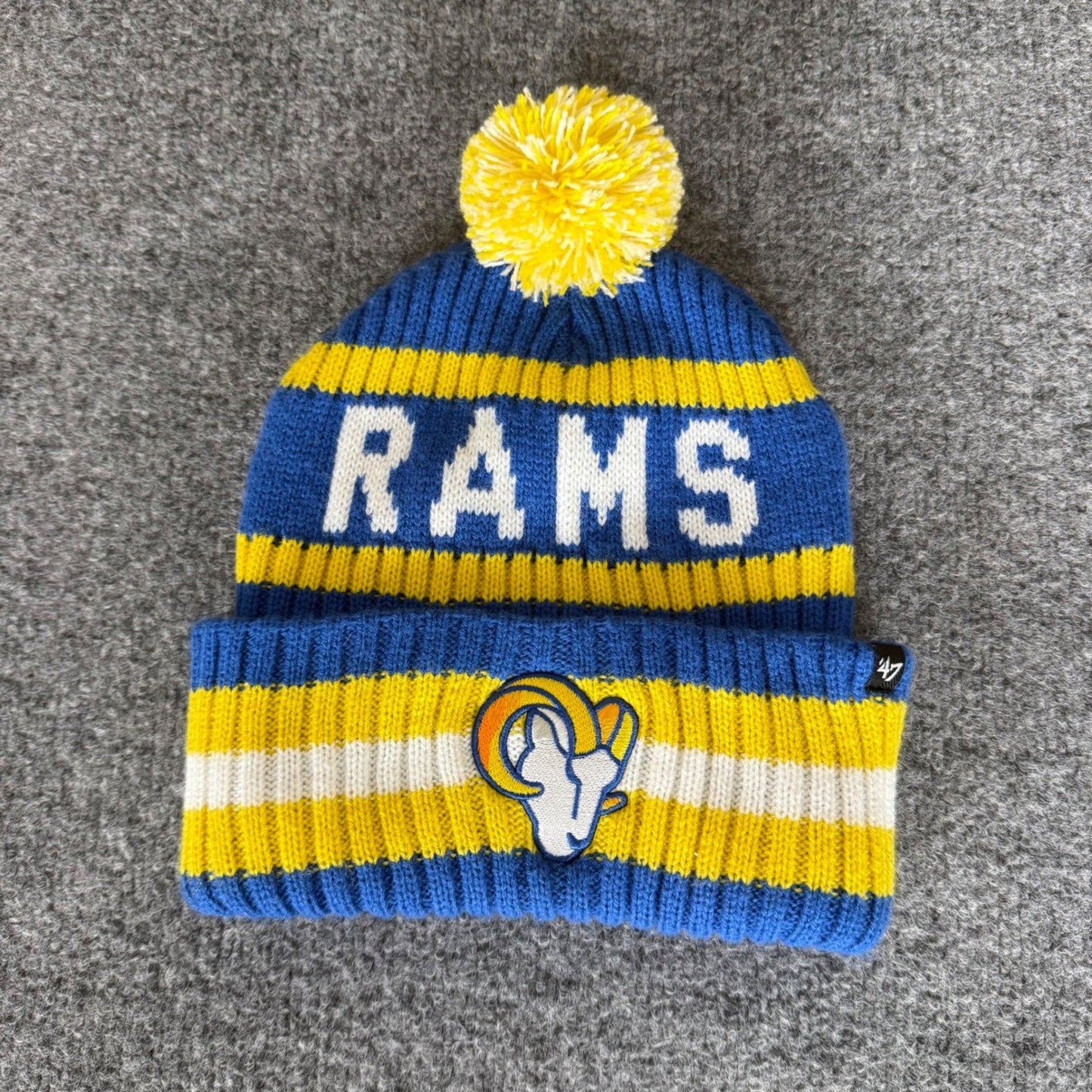 47 Brand Los Angeles Rams NFL Beanie Mens Blue Yellow Knit Pom Cuffed Hat OSFA