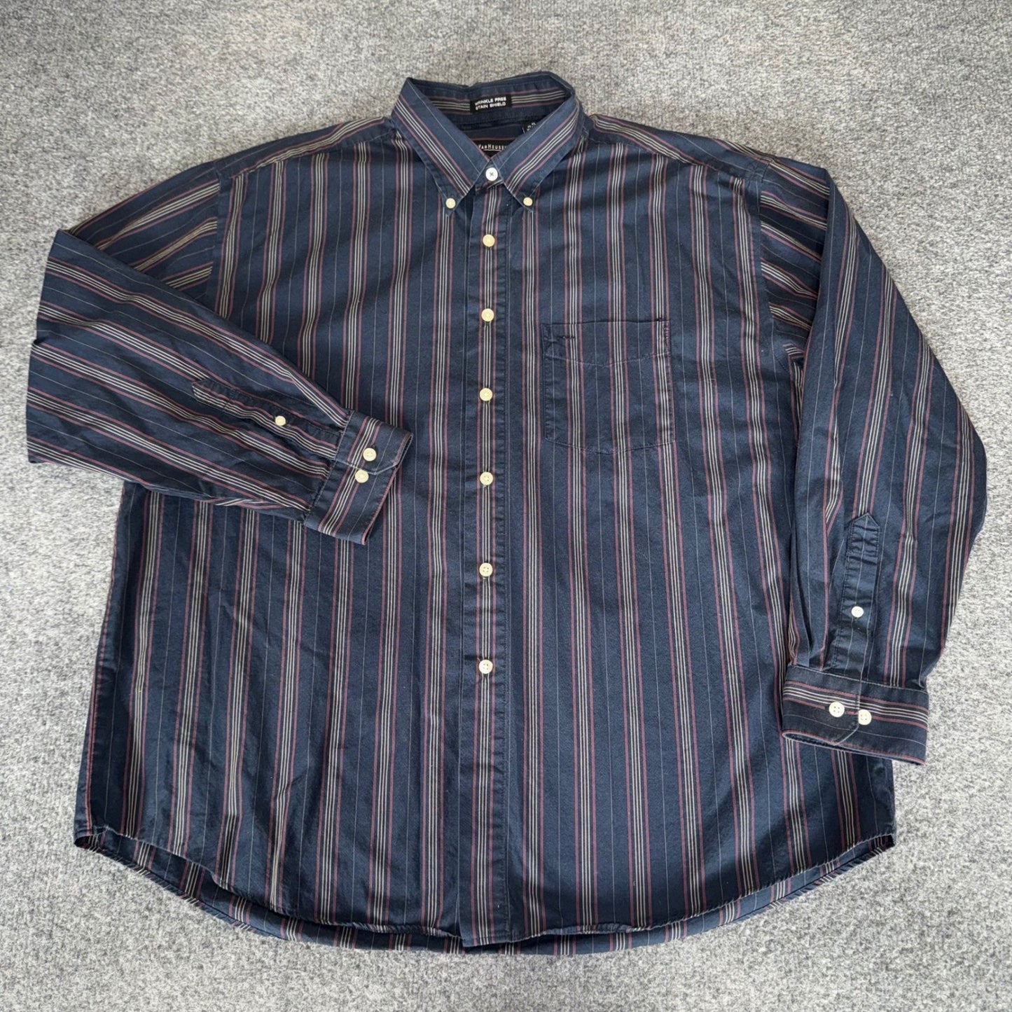 Van Heusen Mens XL Navy Blue Striped Wrinkle Free Stain Shield Button Down Shirt