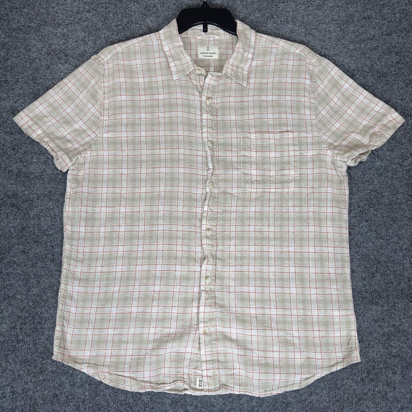 Mutual Weave Shirt Mens XL Beige Red Plaid Linen Short Sleeve Button Up Pocket