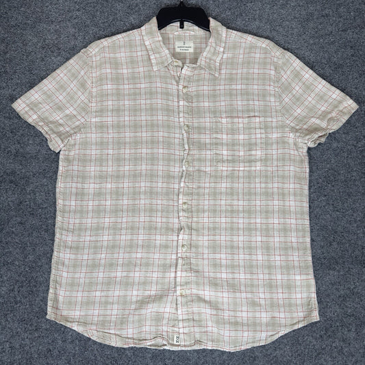 Mutual Weave Shirt Mens XL Beige Red Plaid Linen Short Sleeve Button Up Pocket