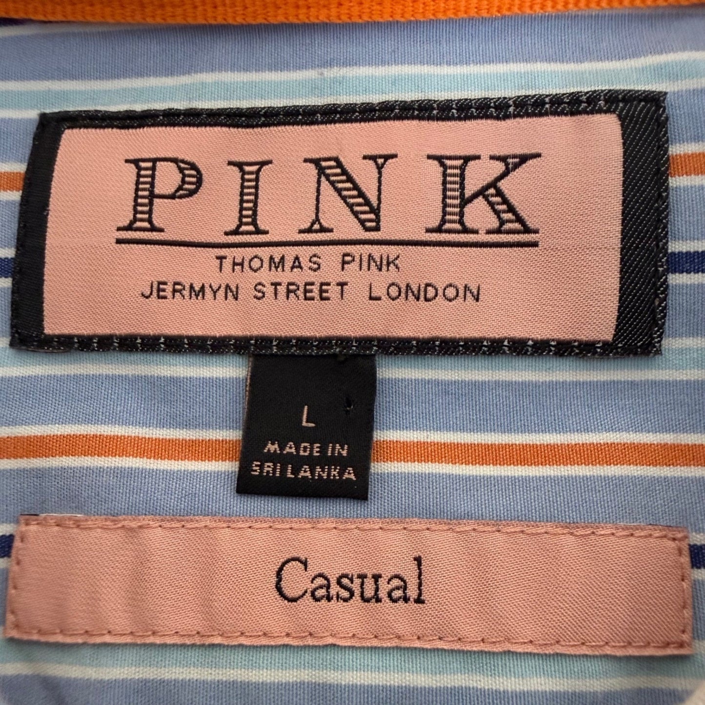 Thomas Pink Shirt Mens L Blue Striped Luxury Dress Office Business Casual Cotton