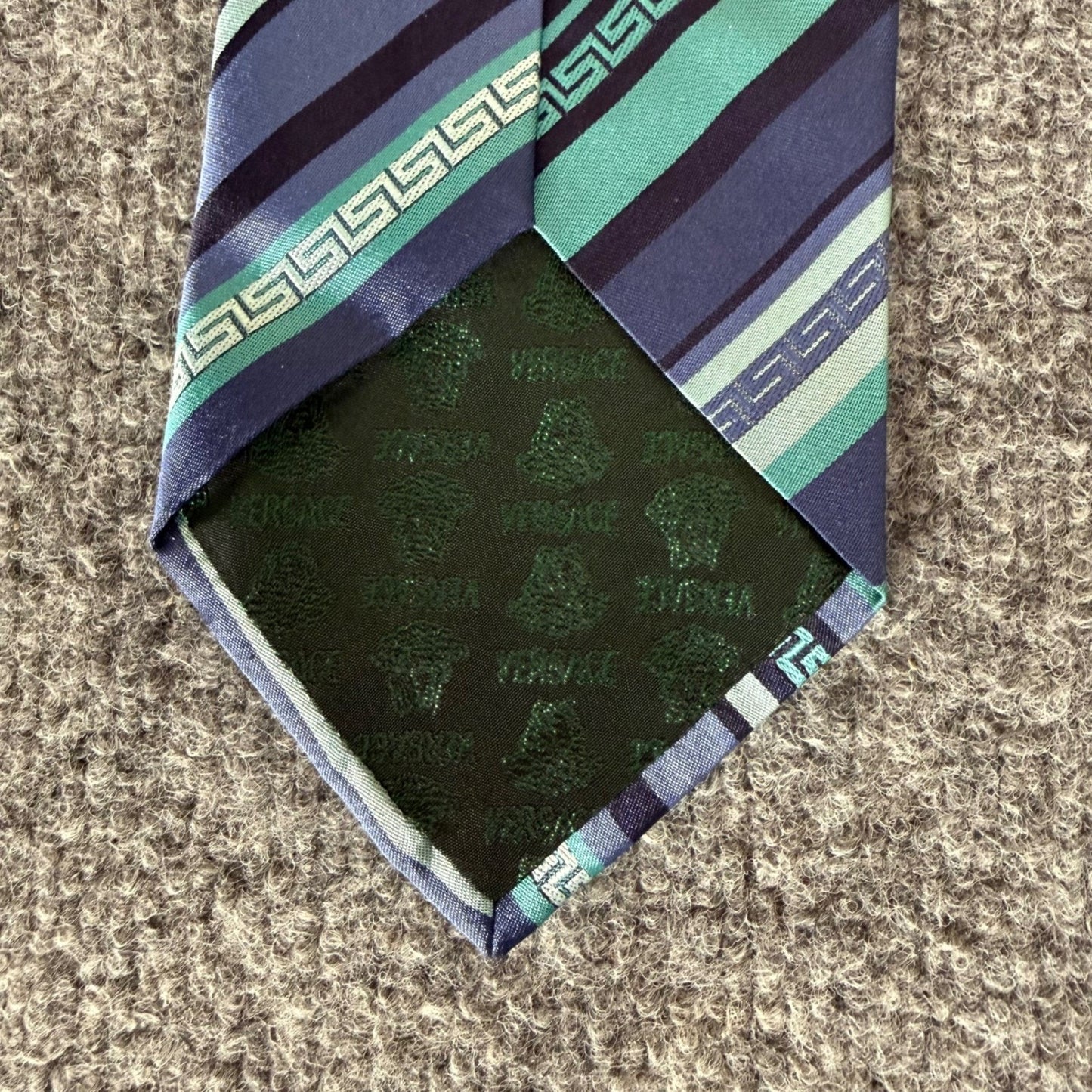 Versace Silk Tie Men Blue Green Greek Key Stripe Made in Italy Luxury Designer