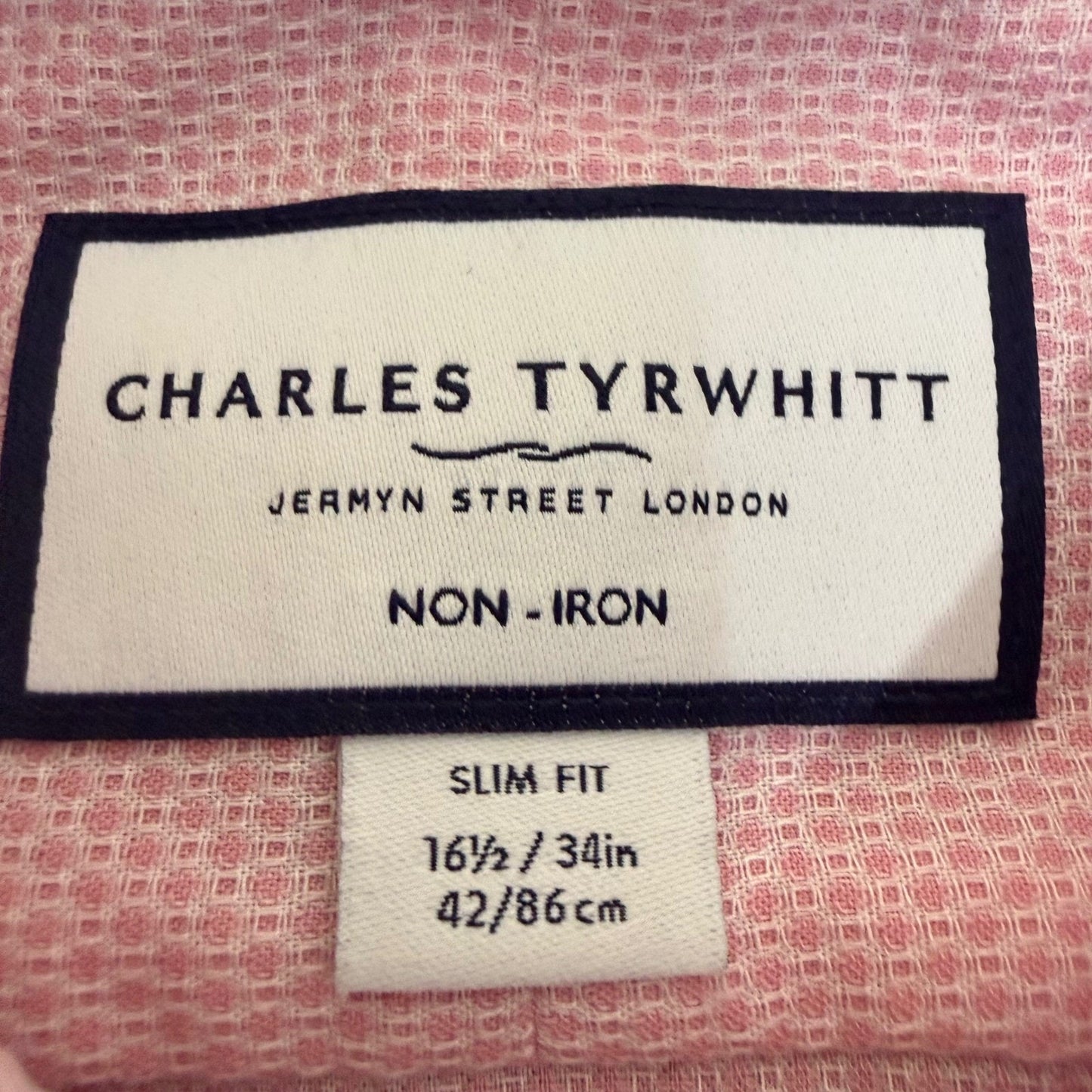 Charles Tyrwhitt Mens Slim Fit Non-Iron Dress Shirt Pink Textured 16.5 34 Casual