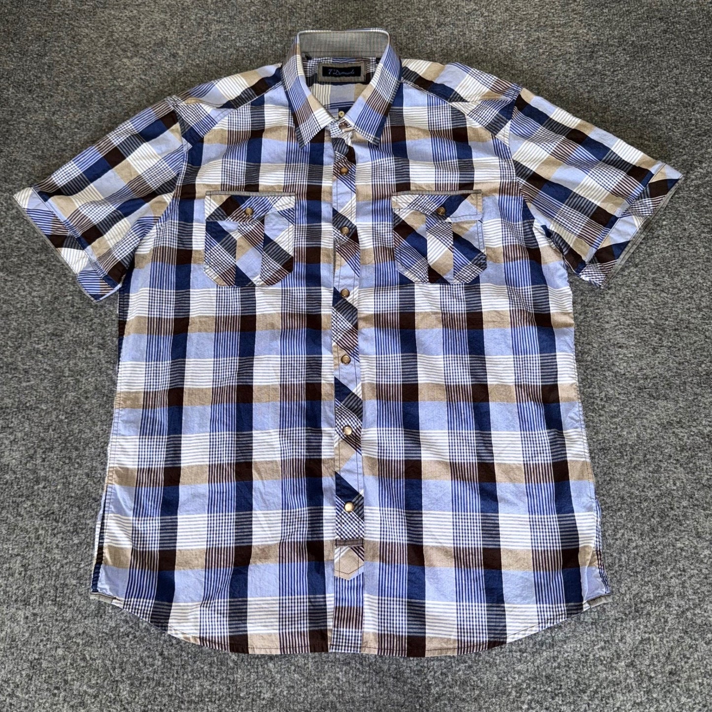 7 Diamonds Shirt Mens XL Blue Plaid Short Sleeve Pearl Snap Cowboy Western Rodeo