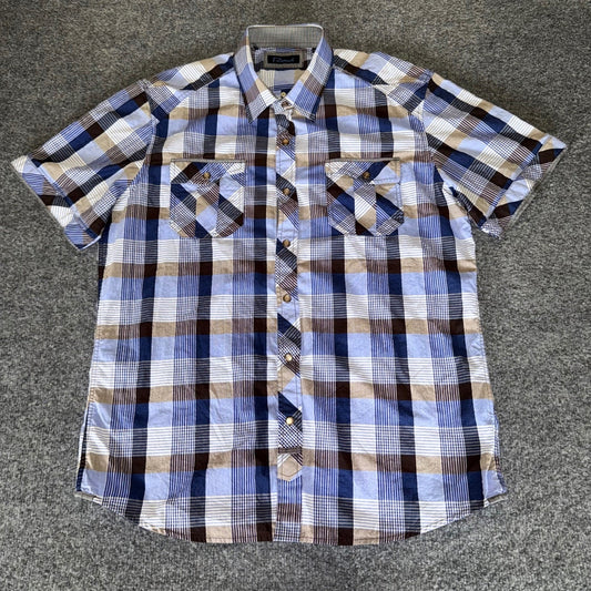 7 Diamonds Shirt Mens XL Blue Plaid Short Sleeve Pearl Snap Cowboy Western Rodeo