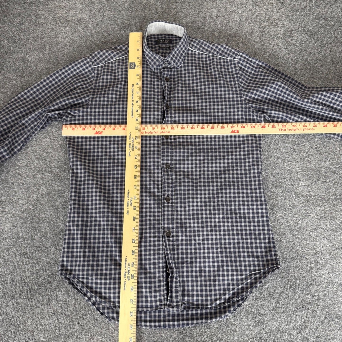 Zara Man Tailored Fit Gingham Button Up Shirt Blue Small Long Sleeve Cotton