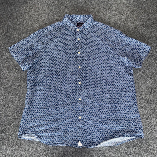 UNTUCKIT Linen Shirt Mens XL Blue Geometric Slim Short Sleeve Button Up Casual