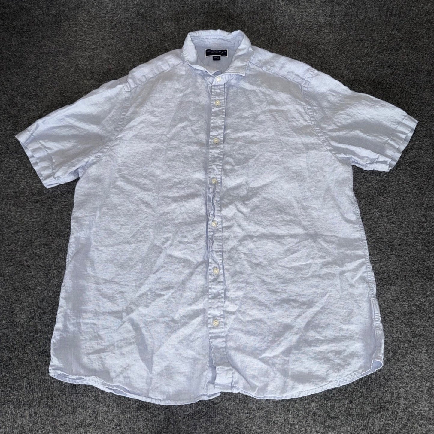 Charles Tyrwhitt Mens XL Blue Linen Short Sleeve Button Up Shirt Smart Casual