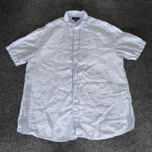 Charles Tyrwhitt Mens XL Blue Linen Short Sleeve Button Up Shirt Smart Casual