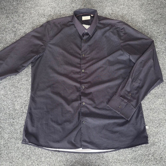 7 Diamonds Men XL Navy Blue Dotted Button Down Shirt 4 Way Stretch Modern Casual