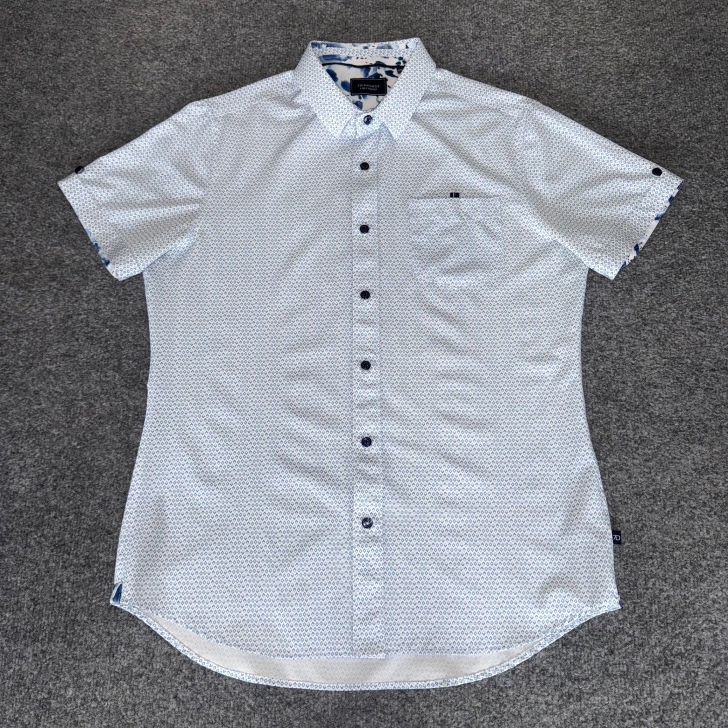 7 Diamonds 4 Way Stretch Mens Small Blue Geometric Short Sleeve Button Up Casual