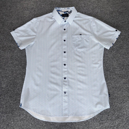 7 Diamonds 4 Way Stretch Mens Small Blue Geometric Short Sleeve Button Up Casual