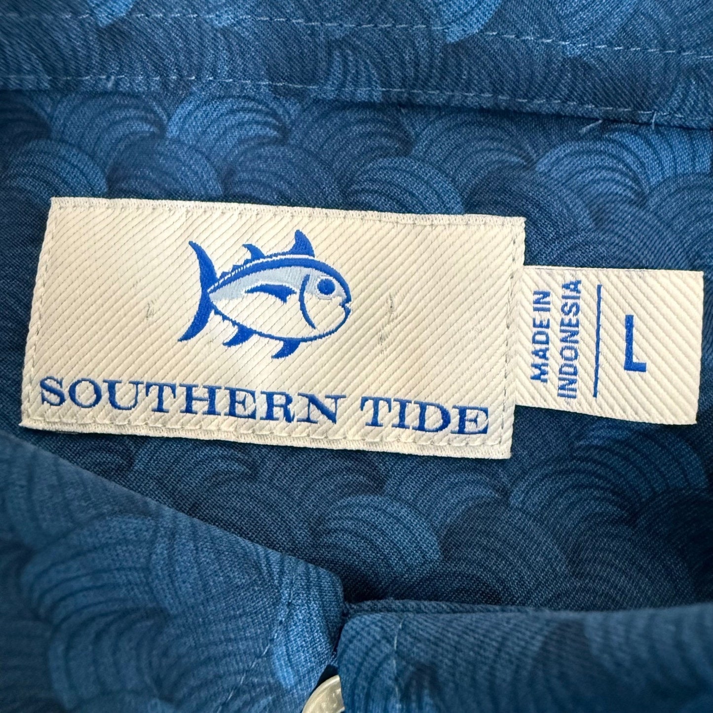 Southern Tide Mens Blue Geometric Wave Short Sleeve Button Down Shirt Large