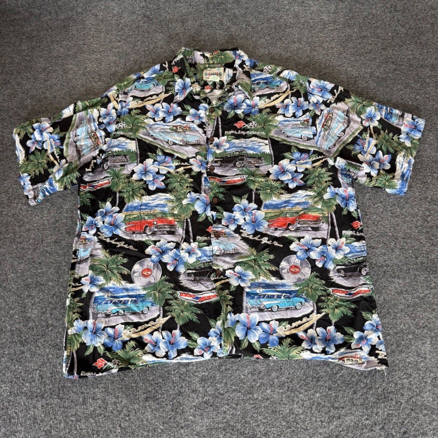 Reyn Spooner Hawaiian Shirt Mens XL Cars Floral Aloha Camp Casual