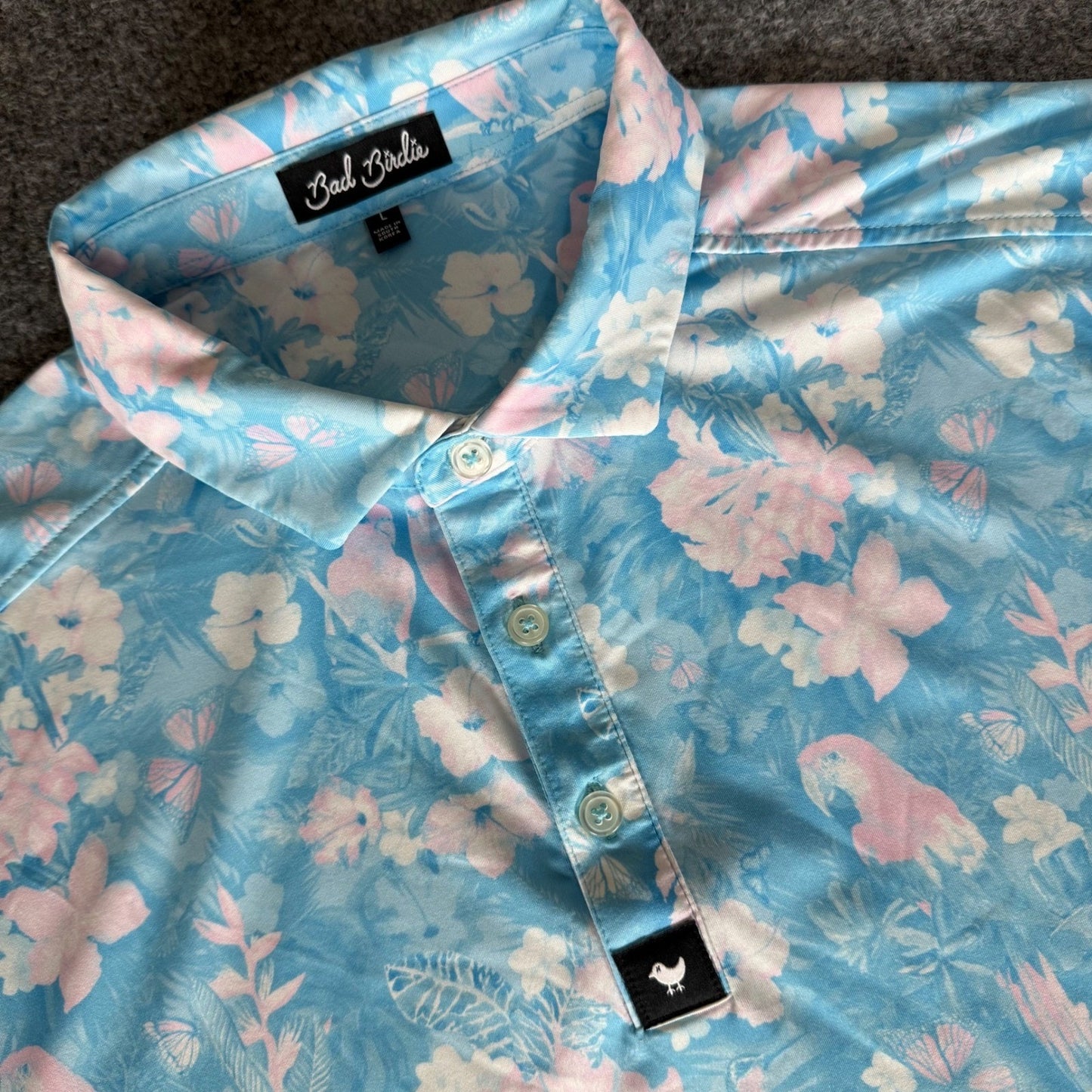 Bad Birdie Golf Polo Shirt Men Large Blue Pink Floral Parrot Short Sleeve Casual