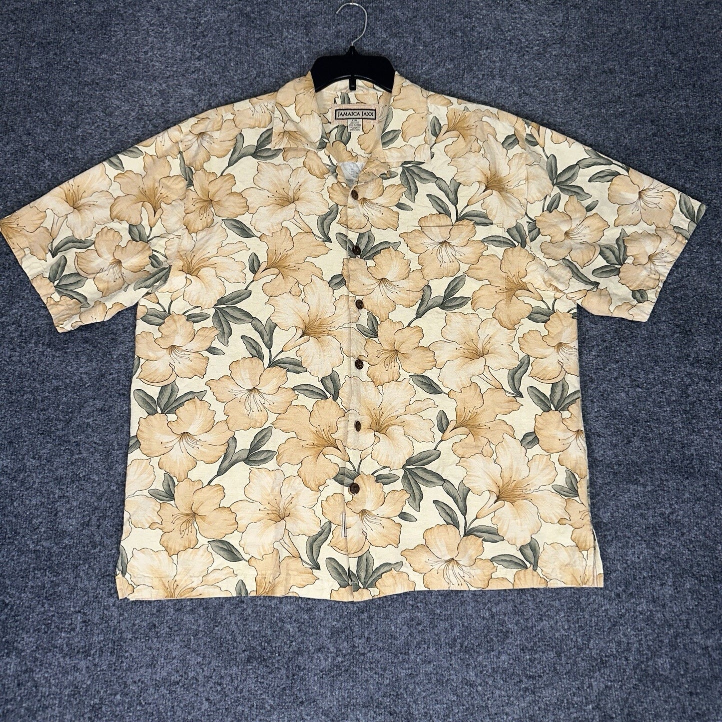 Jamaica Jaxx Shirt Mens Large Yellow Silk Floral Hawaiian Short Sleeve Adult
