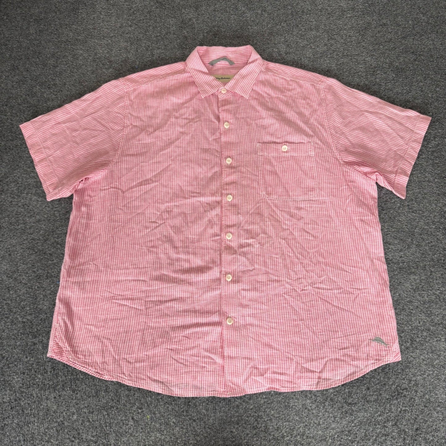 Tommy Bahama Mens XL Pink Gingham Linen Cotton Short Sleeve Button Down Shirt
