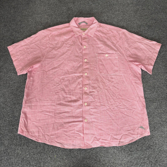 Tommy Bahama Mens XL Pink Gingham Linen Cotton Short Sleeve Button Down Shirt
