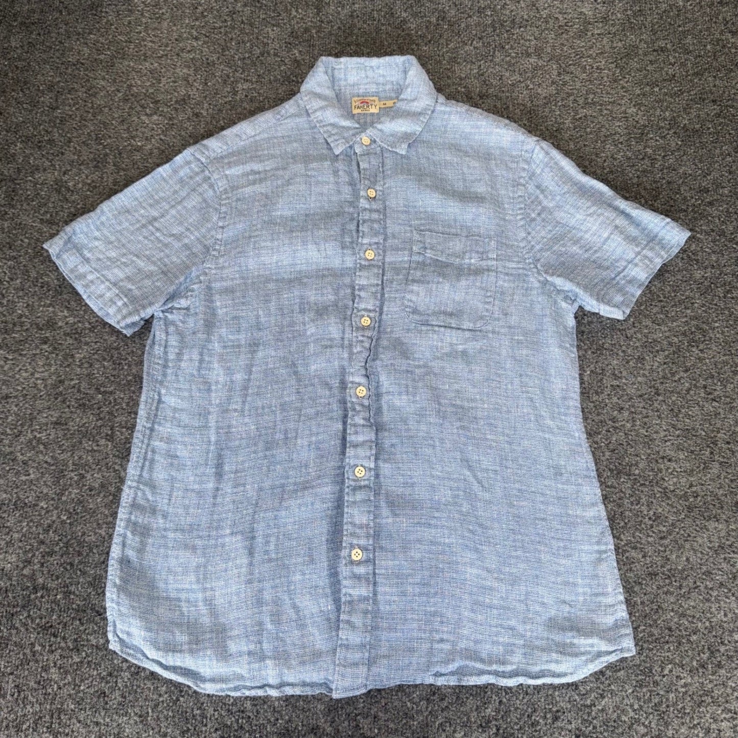 Faherty Palma Linen Shirt Mens Medium Blue Short Sleeve Button Up Casual Beach