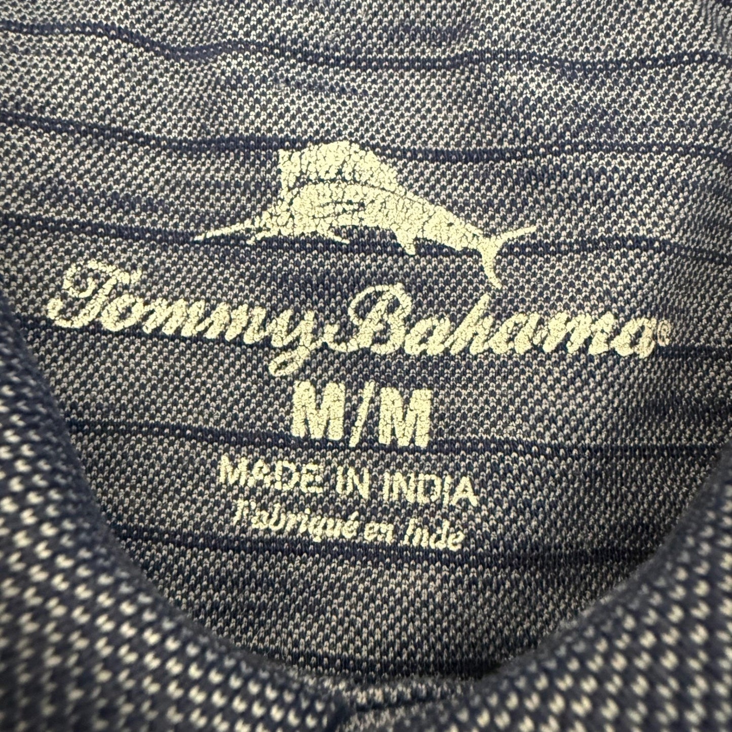 Tommy Bahama Mens Polo Shirt Medium Navy Blue Striped Short Sleeve Casual
