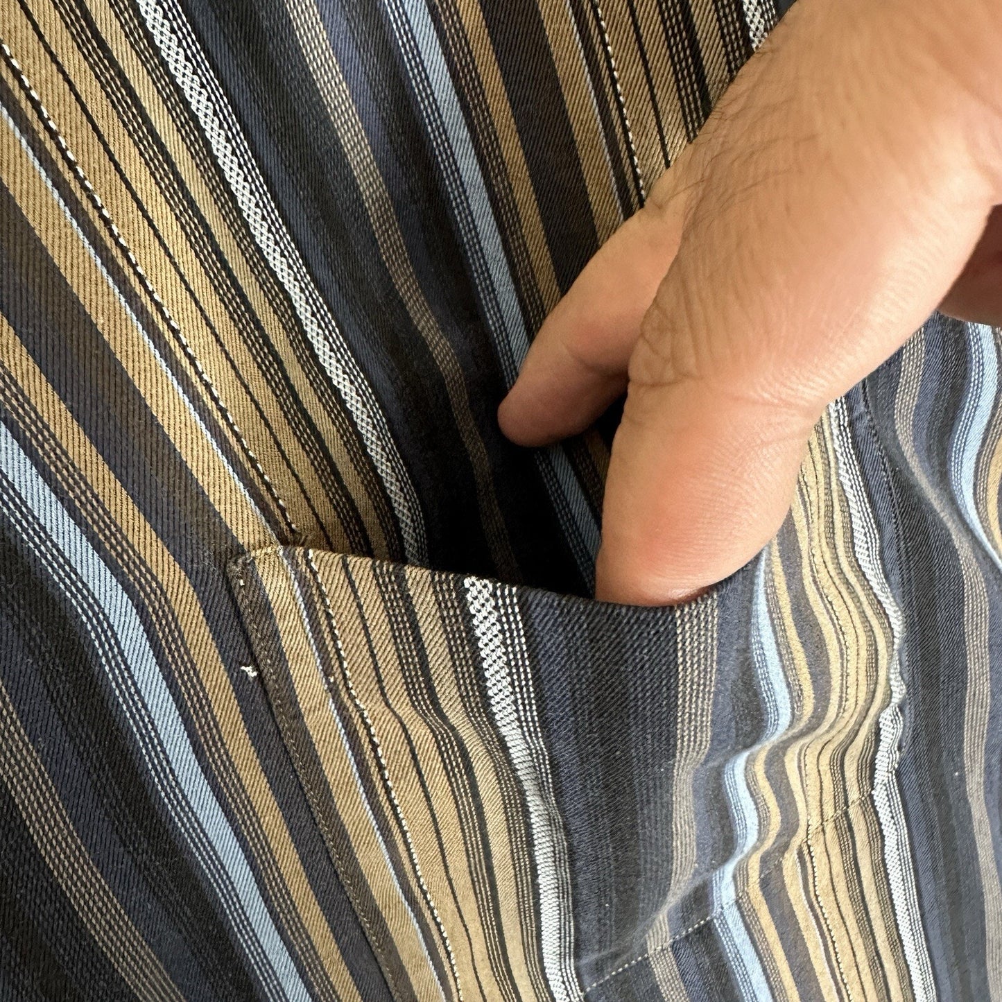 Tasso Elba Shirt Mens 2XL Brown Blue Striped Button Up Long Sleeve Cotton Pocket