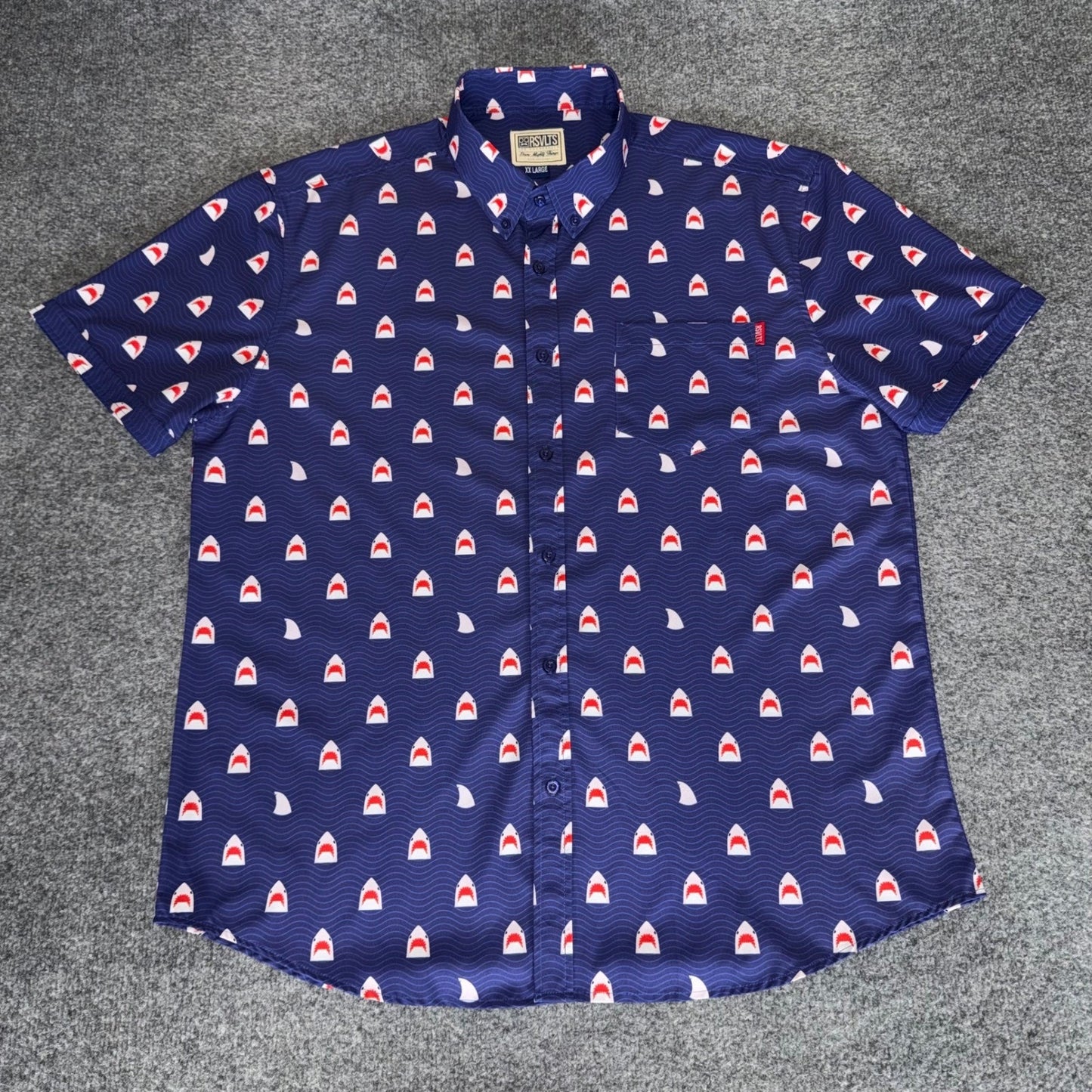 RSVLTS Shirt Mens XXL Blue Shark Print Short Sleeve Button Down KUNUFLEX Casual
