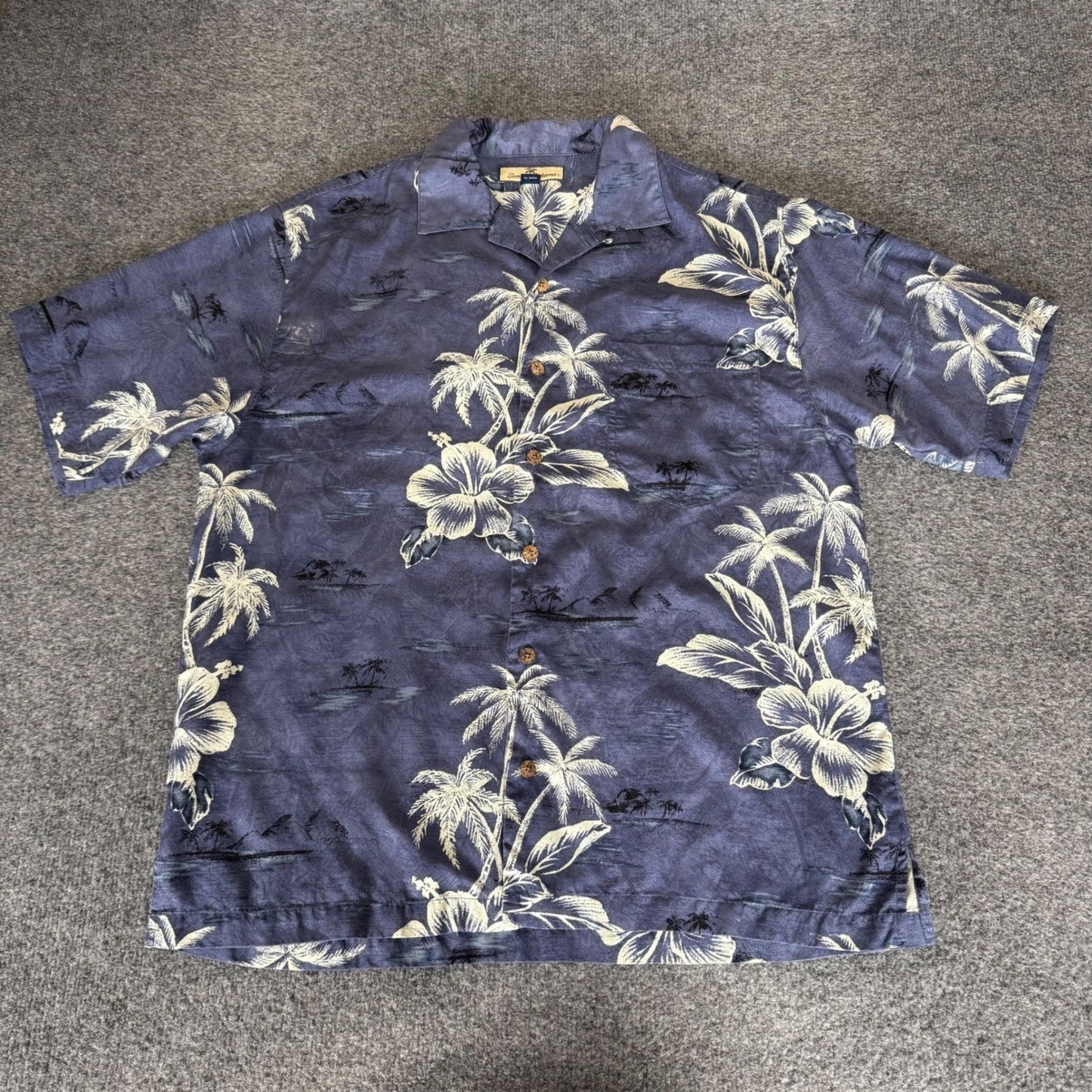 Tommy Bahama Mens Medium Silk Tropical Floral Palm Tree Camp Shirt Blue Hawaiian