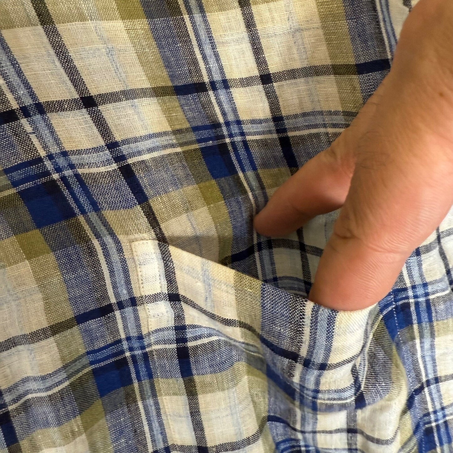 Peter Millar Linen Shirt Blue Plaid Button Up Long Sleeve Casual Men's Medium