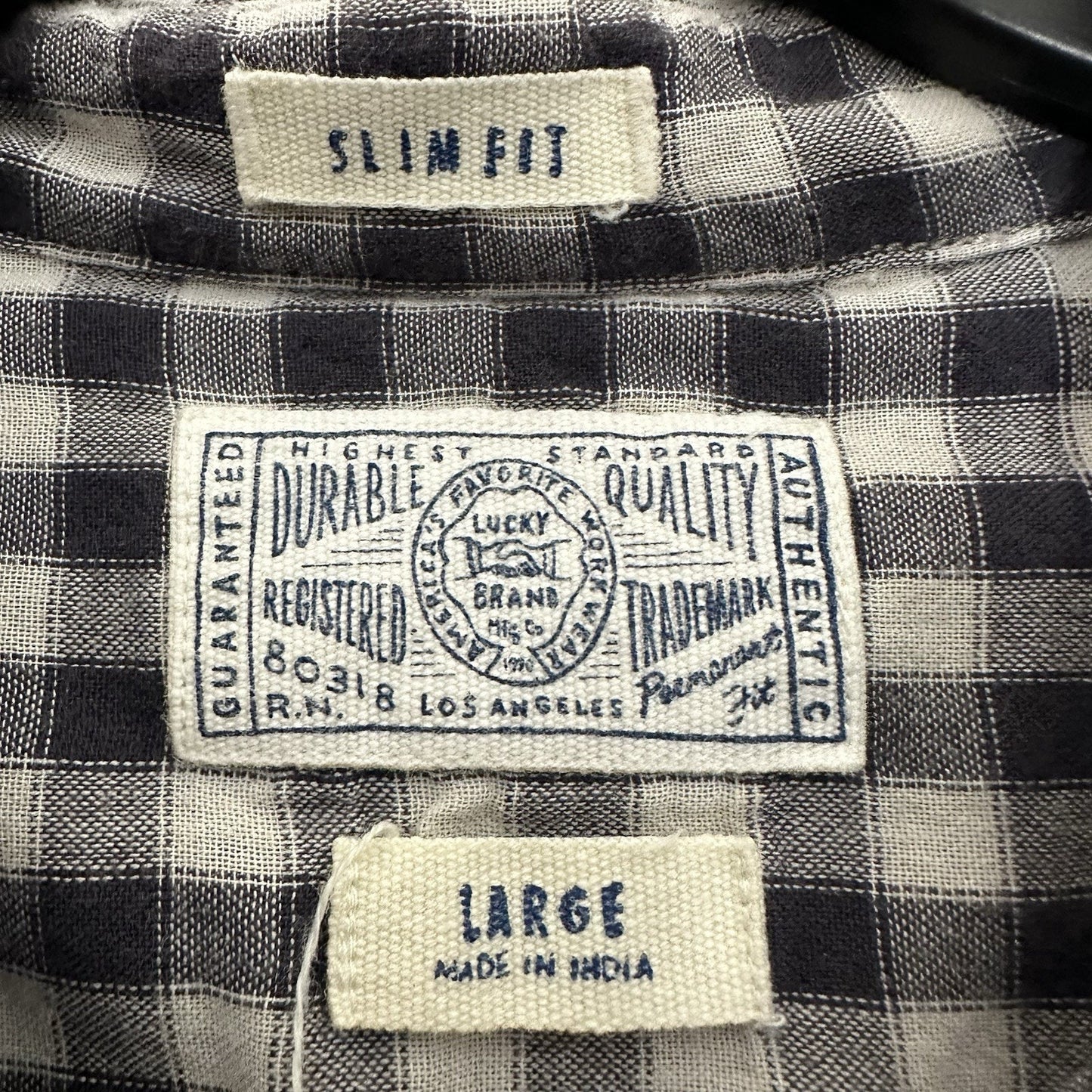 Lucky Brand Shirt Mens Large Black Gingham Slim Fit Long Sleeve Button Up Casual