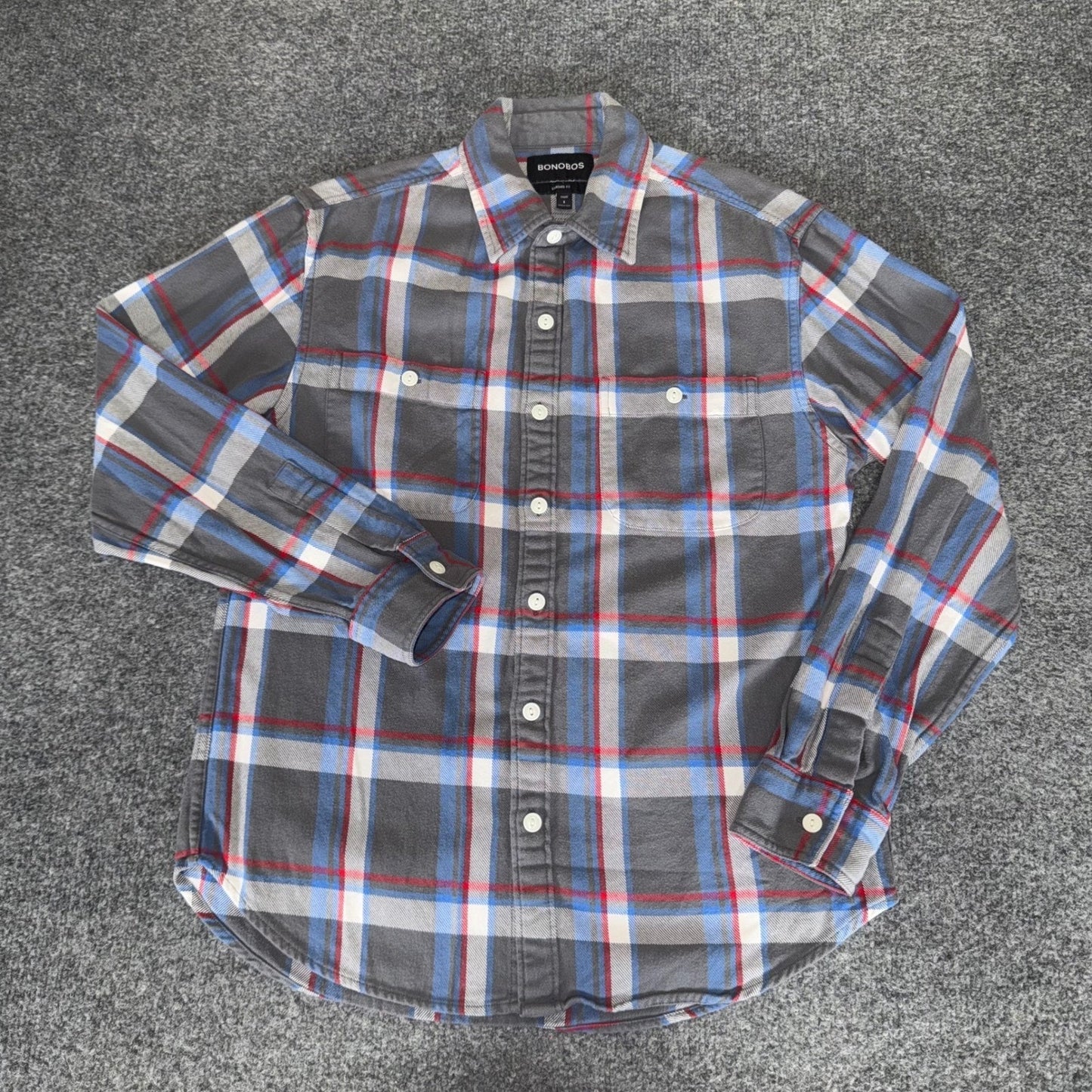 Bonobos Mens Long Sleeve Flannel Shirt Gray Blue Red Plaid Cotton Small Casuall