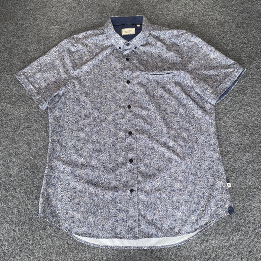 7 Diamonds Shirt Men L Blue Floral Short Sleeve Button Down 4 Way Stretch Casual
