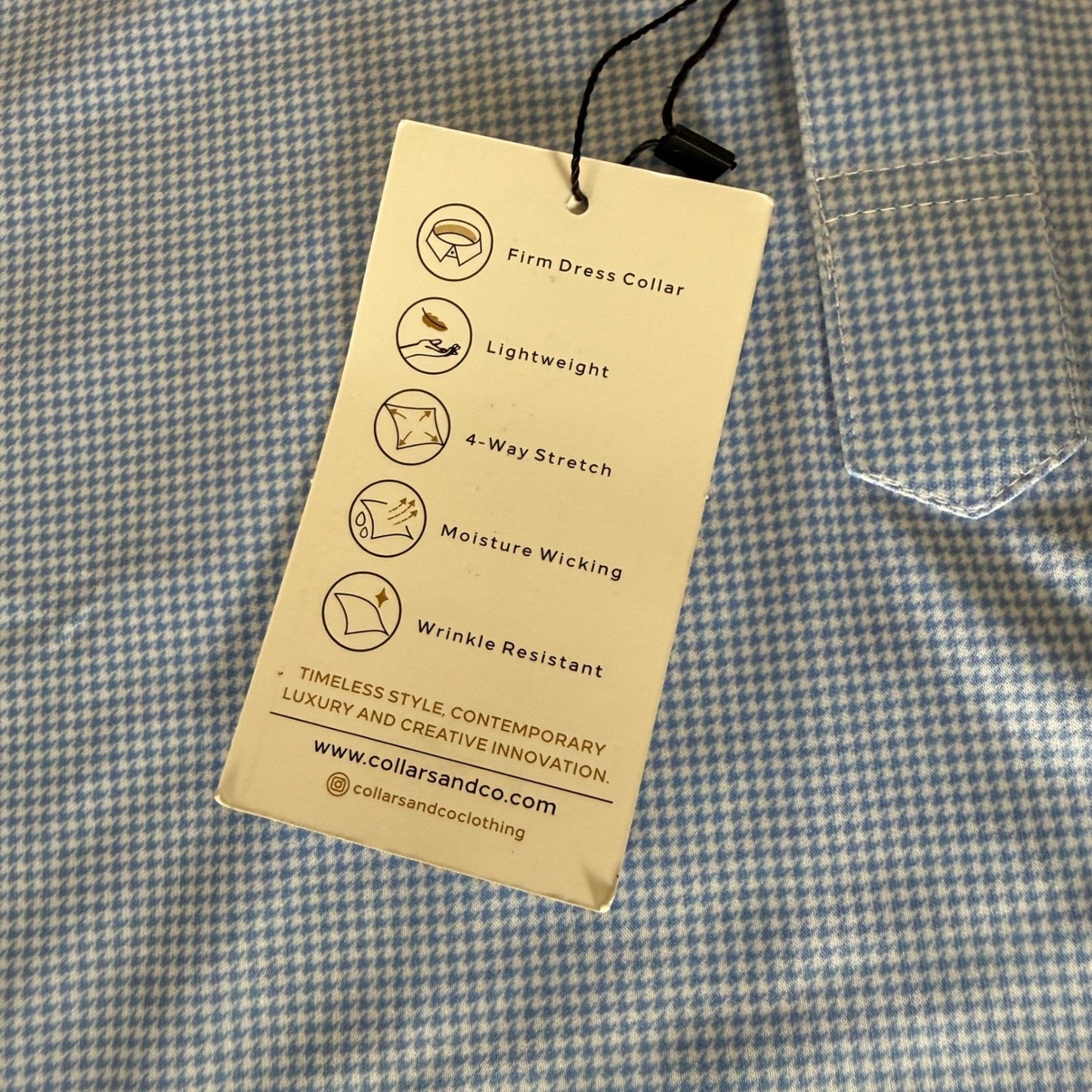 Collars & Co Polo Shirt Men Large Blue Houndstooth Dress Collar Business Stretch